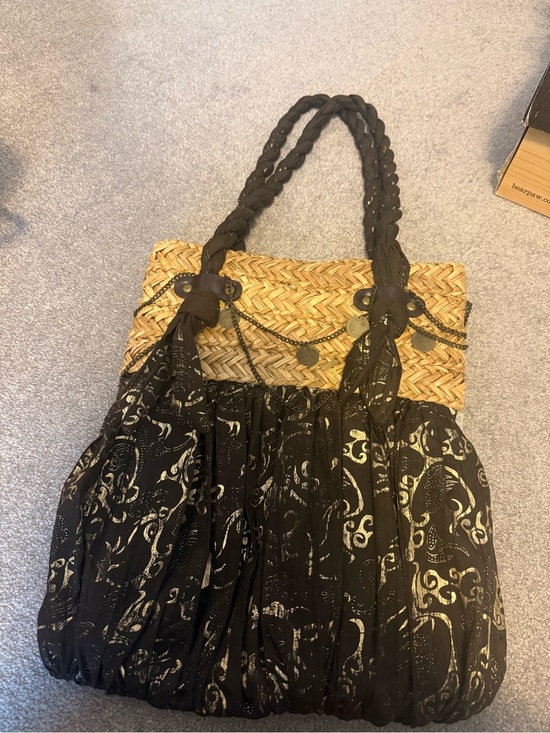 Sun And Sand Handbags - Woven Straw Tote with Brown Printed Fabric and Braided Handles